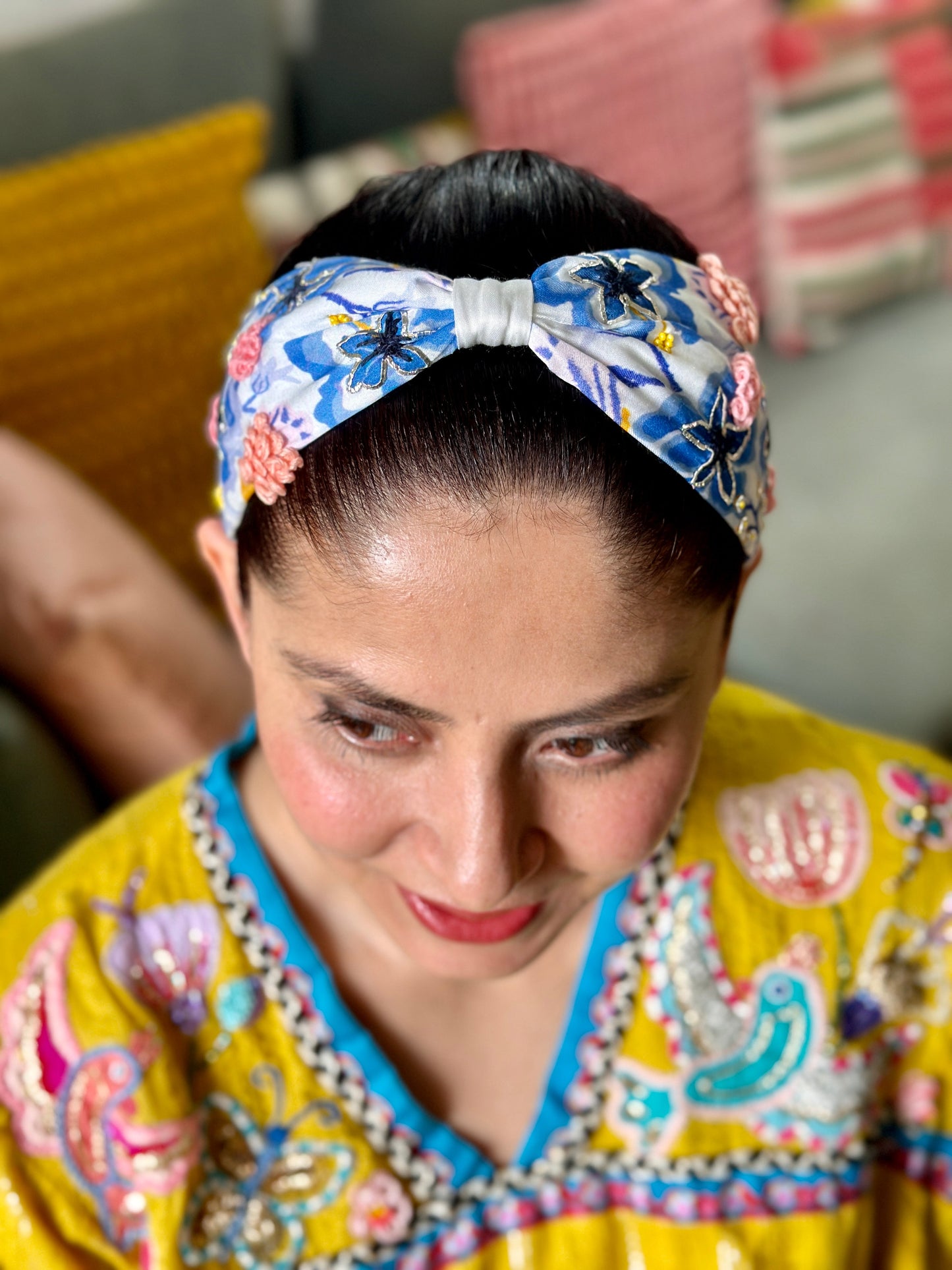 Blue Pottery Embroidered Printed Headband