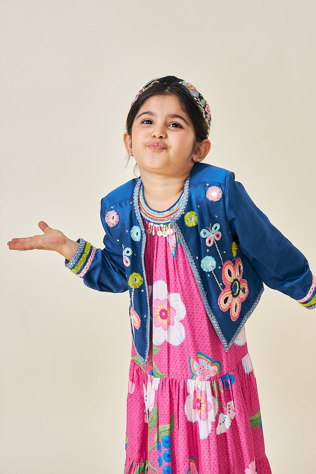 Flora Blue Girls Embellished Jacket- 1 Pc