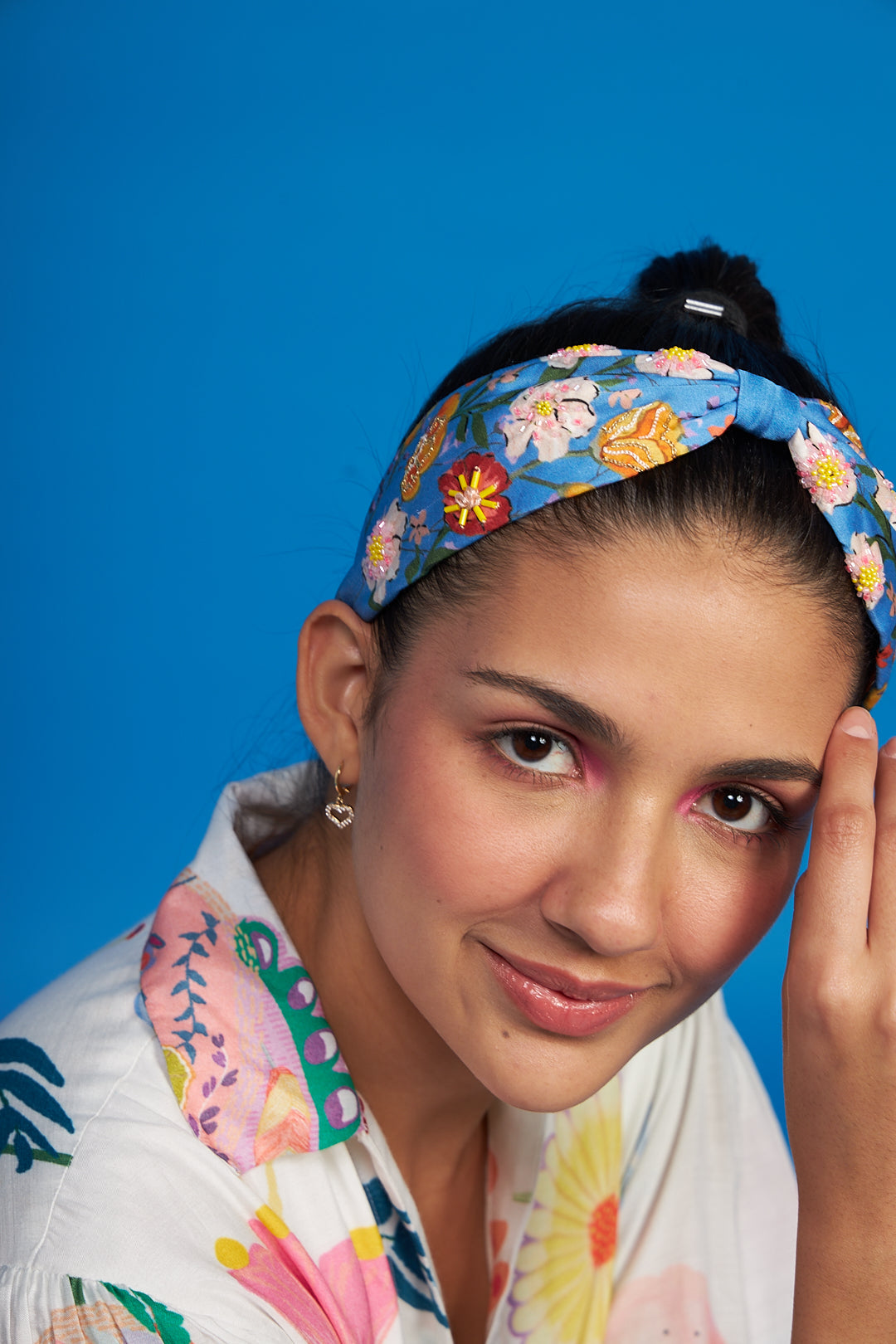Blue Bouquet Embroidered Printed Headband