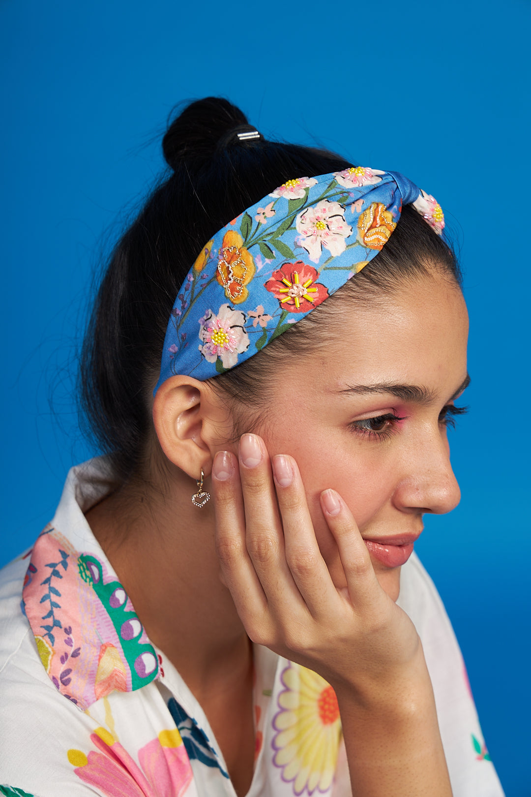 Blue Bouquet Embroidered Printed Headband