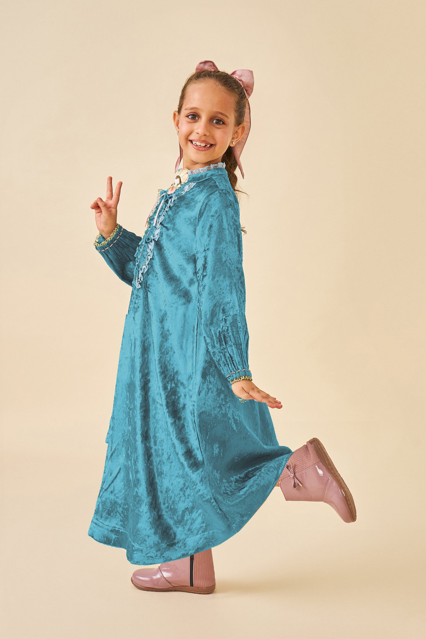 Teal Jade Velvet Girls Long Dress