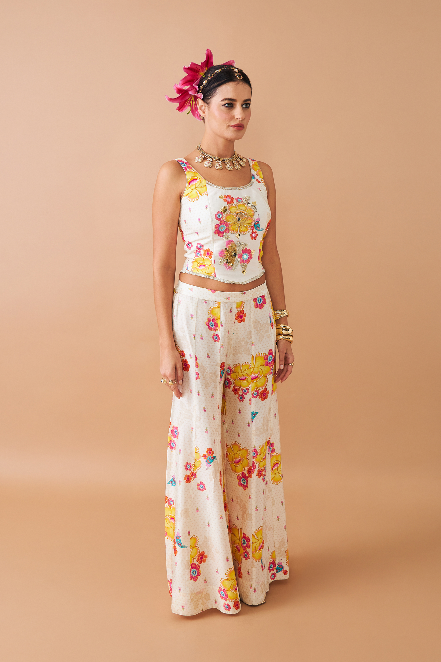 Freya Mustard Ladies Embellished Corset With Flared Trousers Co-ord (Set of 2pcs)