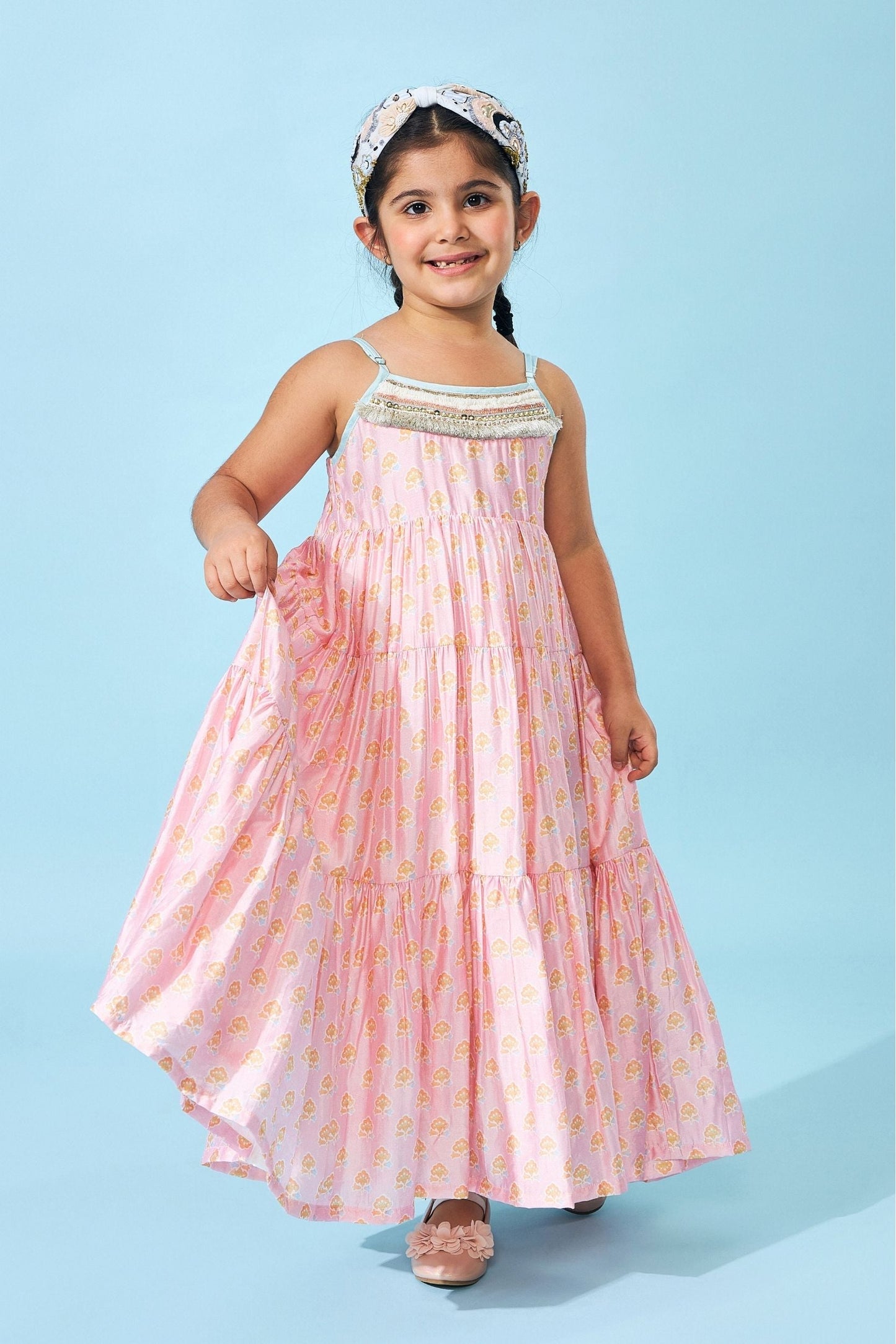 June Peach Girls Embellished Tiered Dress