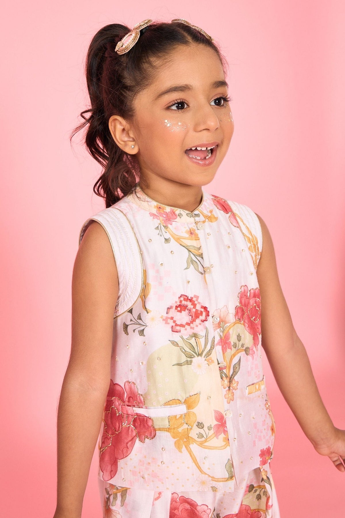 White Makrana Girls Embellished Waistcoat With Wide Trouser Coord( 2 Pc Set)