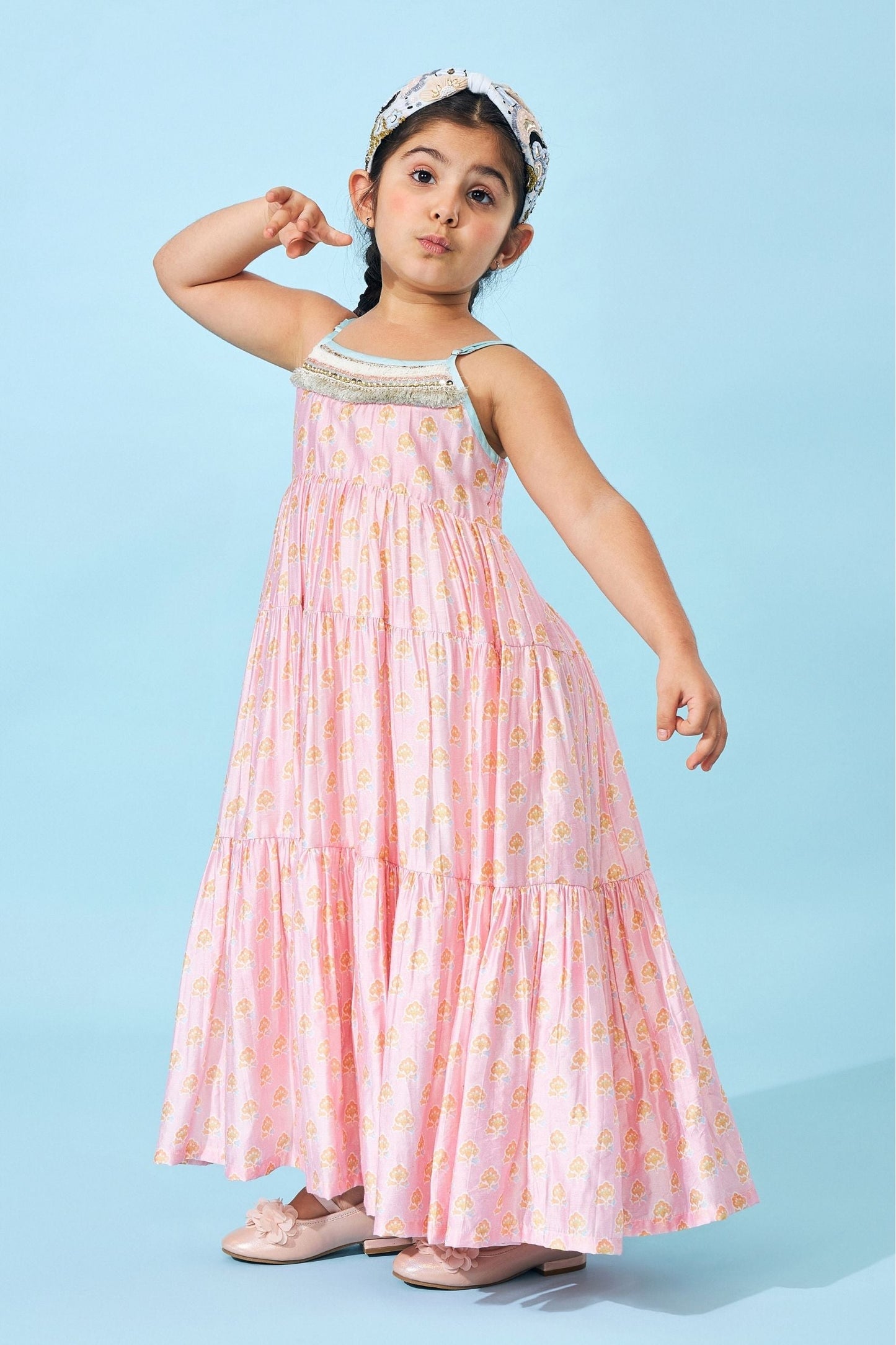June Peach Girls Embellished Tiered Dress