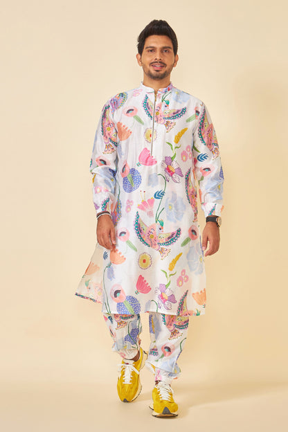 WHITE BLOOM EMBELLISHED MEN'S KURTA AND PANT SET OF 2