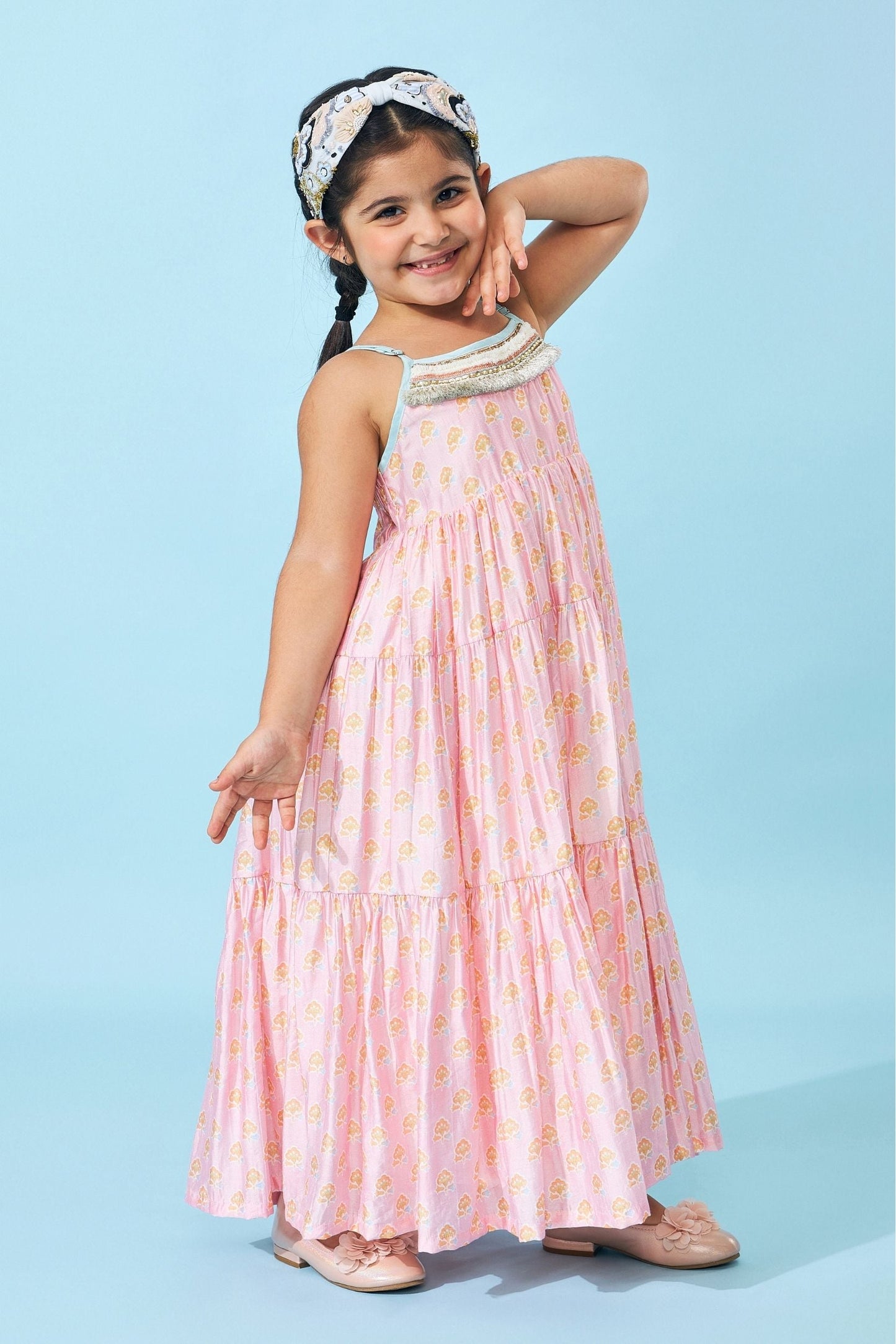 June Peach Girls Embellished Tiered Dress