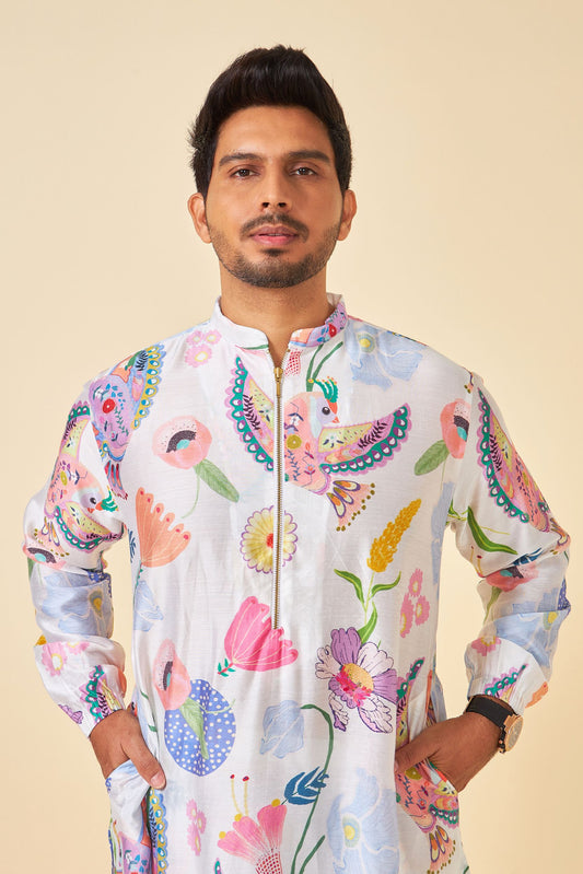 WHITE BLOOM EMBELLISHED MEN'S KURTA AND PANT SET OF 2