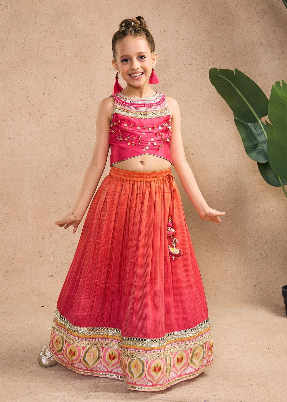 Daphene Girls Embellished Fuchsia Pink Fringe Top With Skirt & Dupatta (Set of 3 pcs)