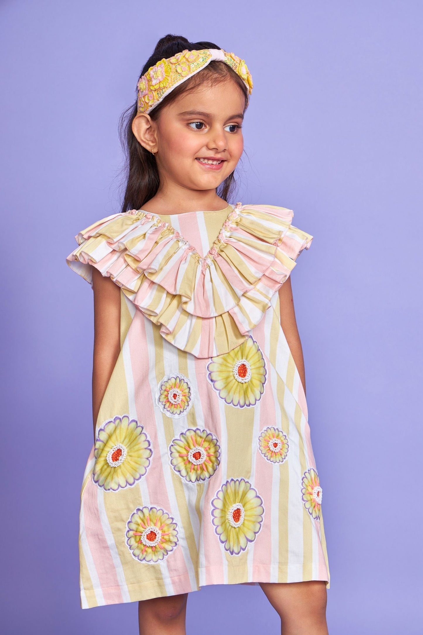 Daisy Stripe Kids Hand Embroidered Cotton Ruffle Dress- Joey & Pooh