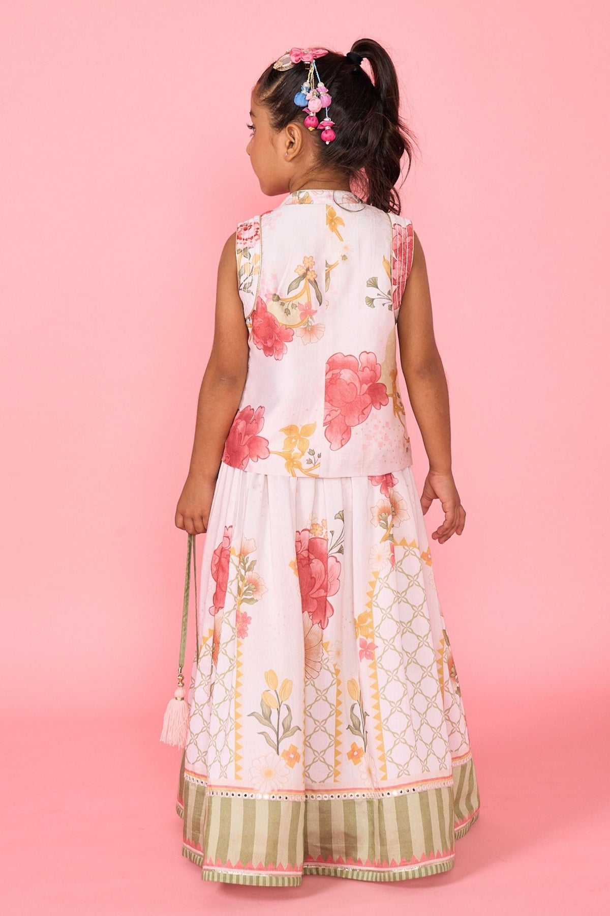 White Makrana Girls Embellished Waistcoat With Printed Skirt ( 2 Pc Set)