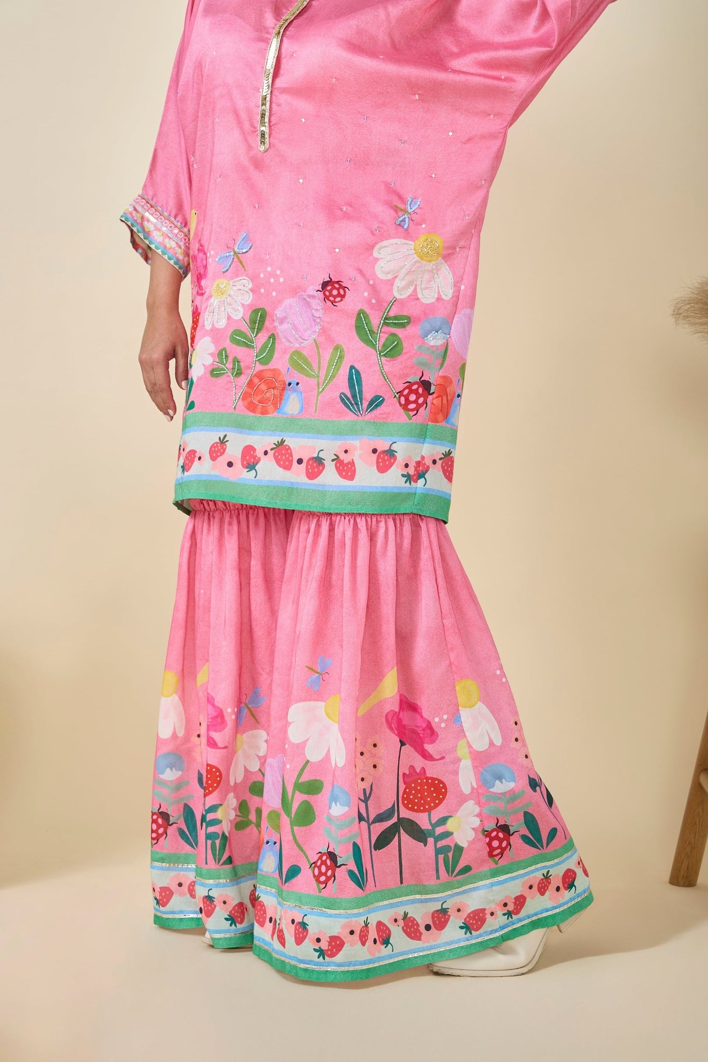 Strawberry Printed Girls Long Dress & Strawberry Print Sharara And Long Top Set ( Set Of Two)