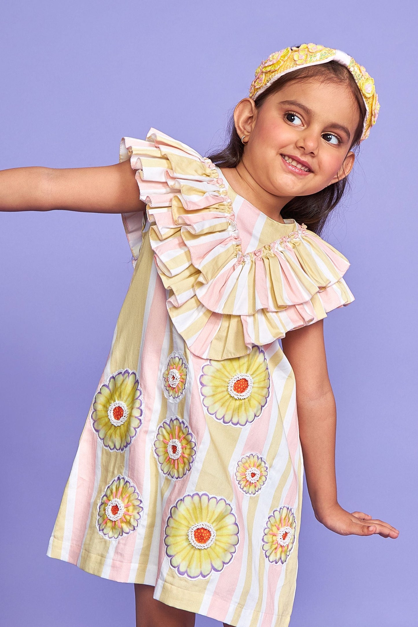 Daisy Stripe Kids Hand Embroidered Cotton Ruffle Dress- Joey & Pooh