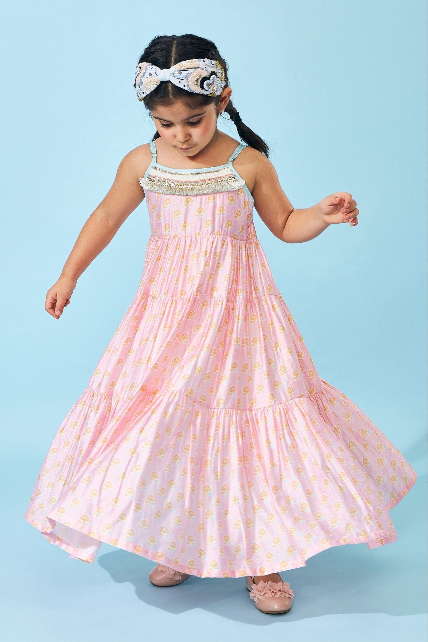 June Peach Girls Embellished Tiered Dress