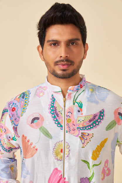 WHITE BLOOM EMBELLISHED MEN'S KURTA AND PANT SET OF 2