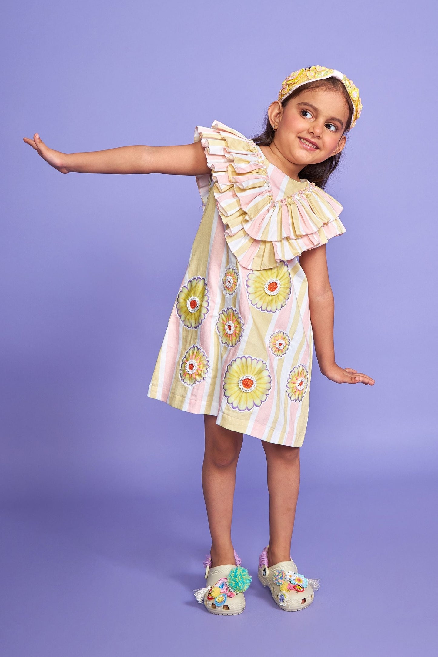 Daisy Stripe Kids Hand Embroidered Cotton Ruffle Dress- Joey & Pooh