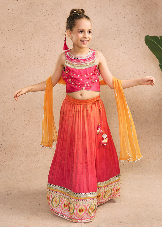 Daphene Girls Embellished Fuchsia Pink Fringe Top With Skirt & Dupatta (Set of 3 pcs)