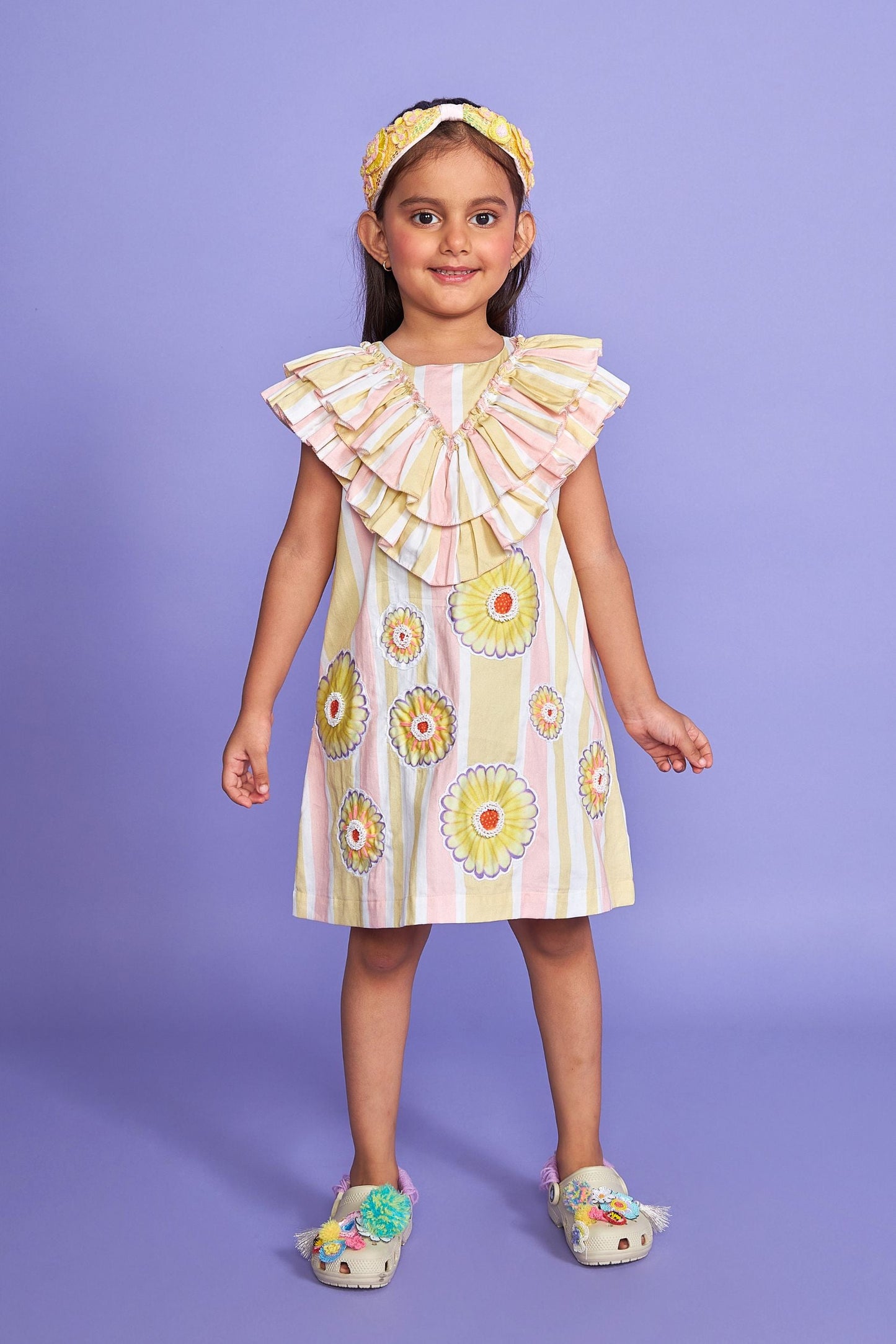 Daisy Stripe Kids Hand Embroidered Cotton Ruffle Dress- Joey & Pooh