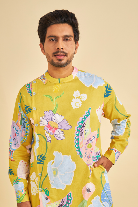 Yellow Bloom Men's Asymmetrical Kurta & Pants (Set of 2 Pcs)