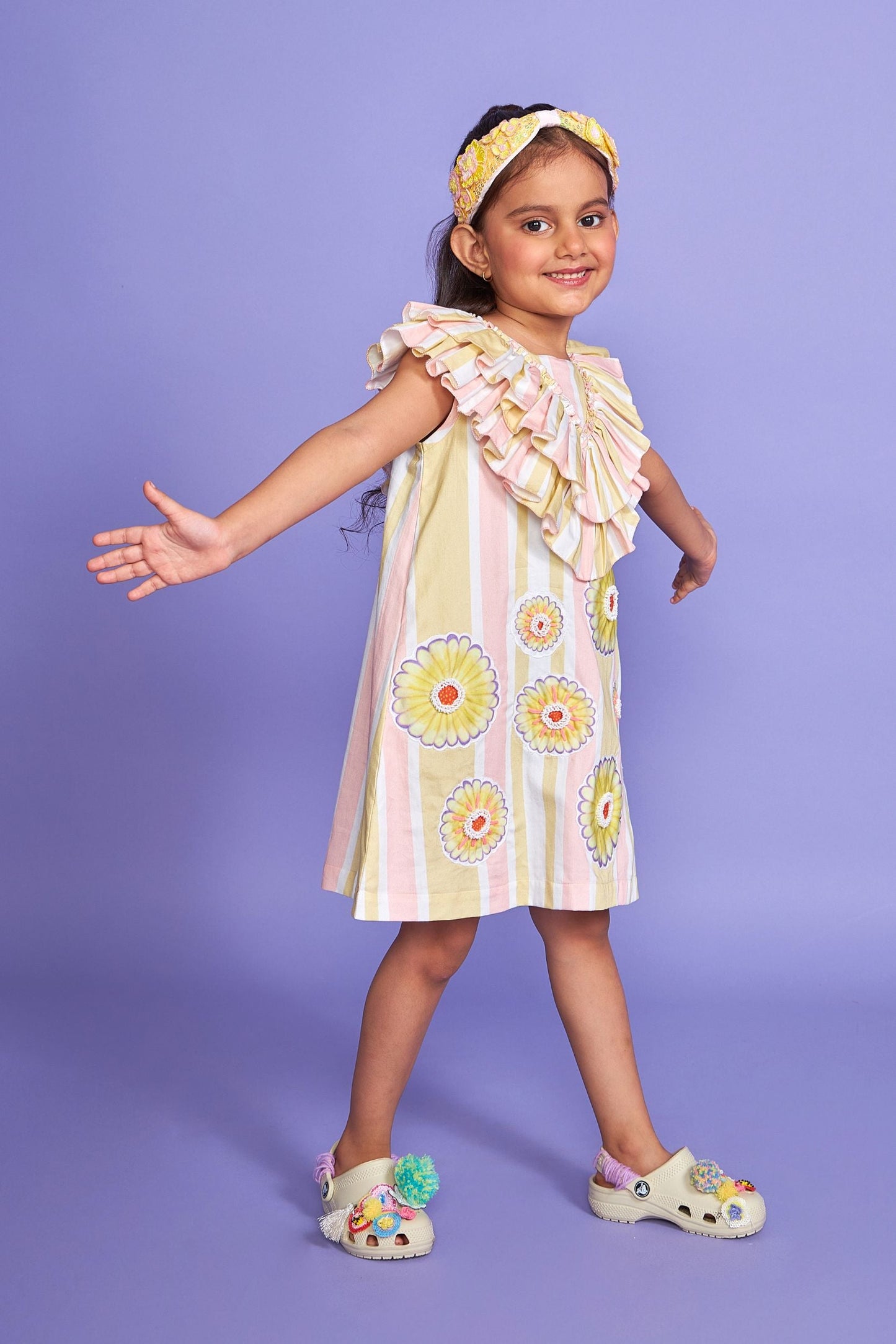 Daisy Stripe Kids Hand Embroidered Cotton Ruffle Dress- Joey & Pooh