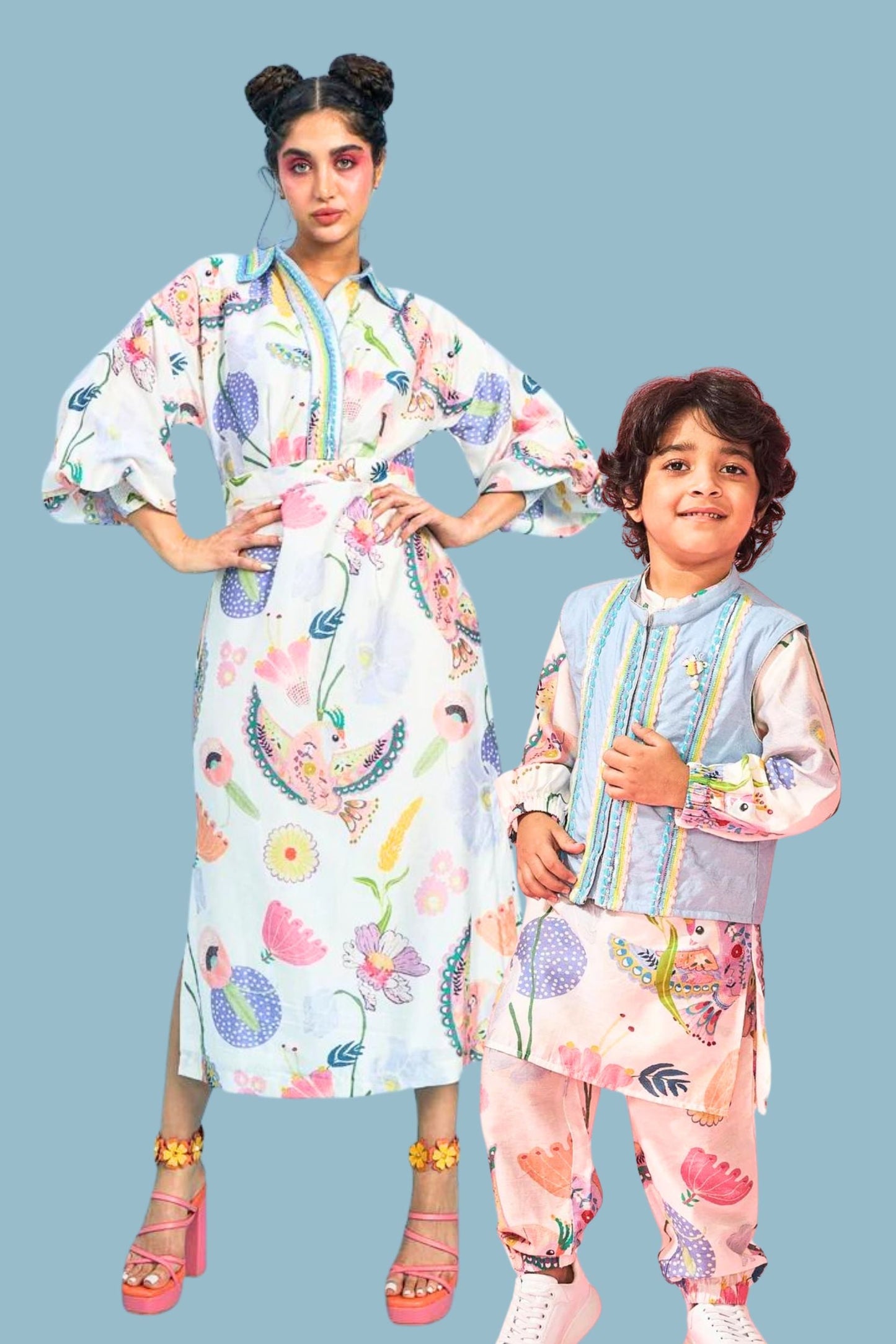 Jane White Bloom Embellished Collar Dress with Boys Co-ord - Mom & Son