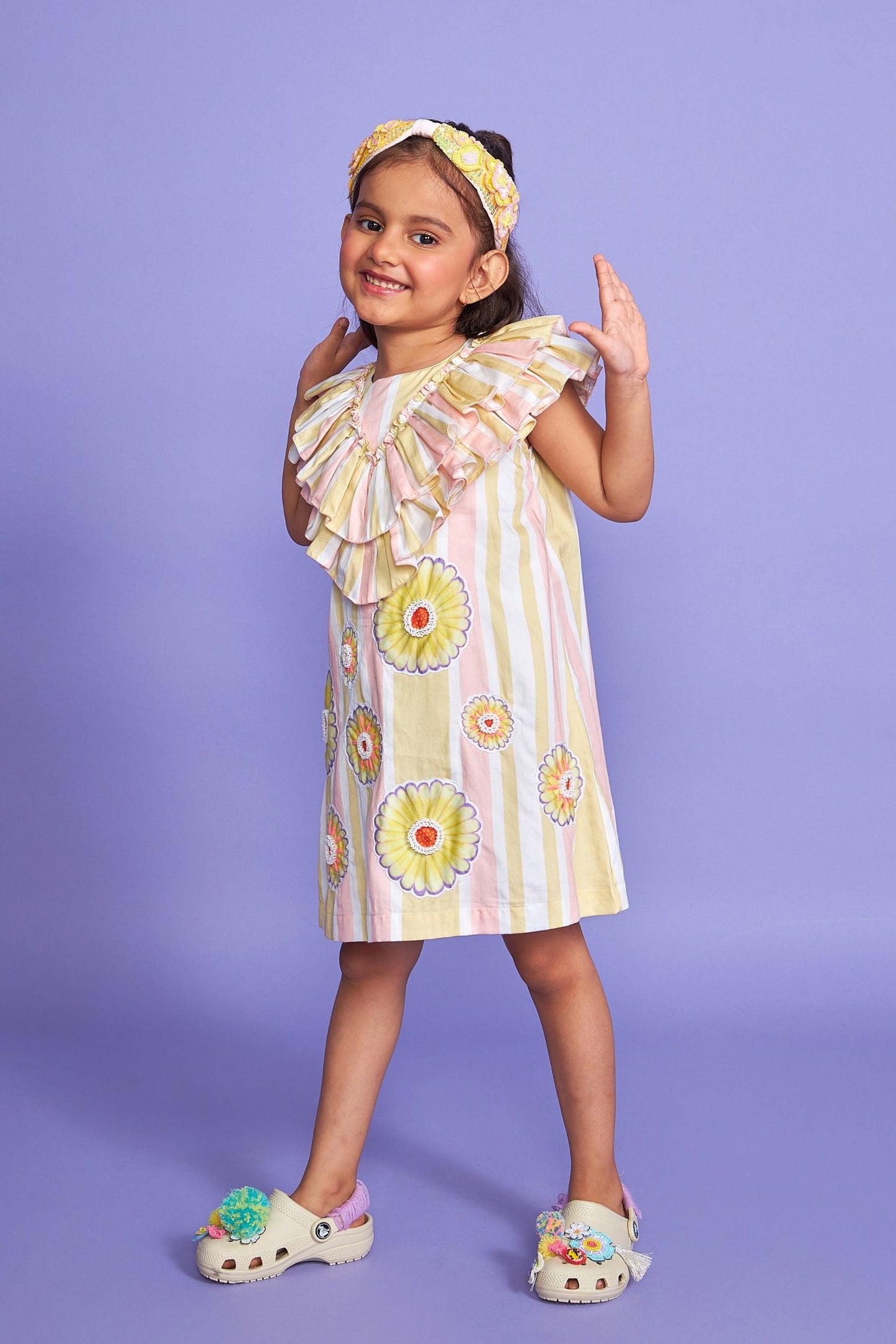 Daisy Stripe Kids Hand Embroidered Cotton Ruffle Dress- Joey & Pooh