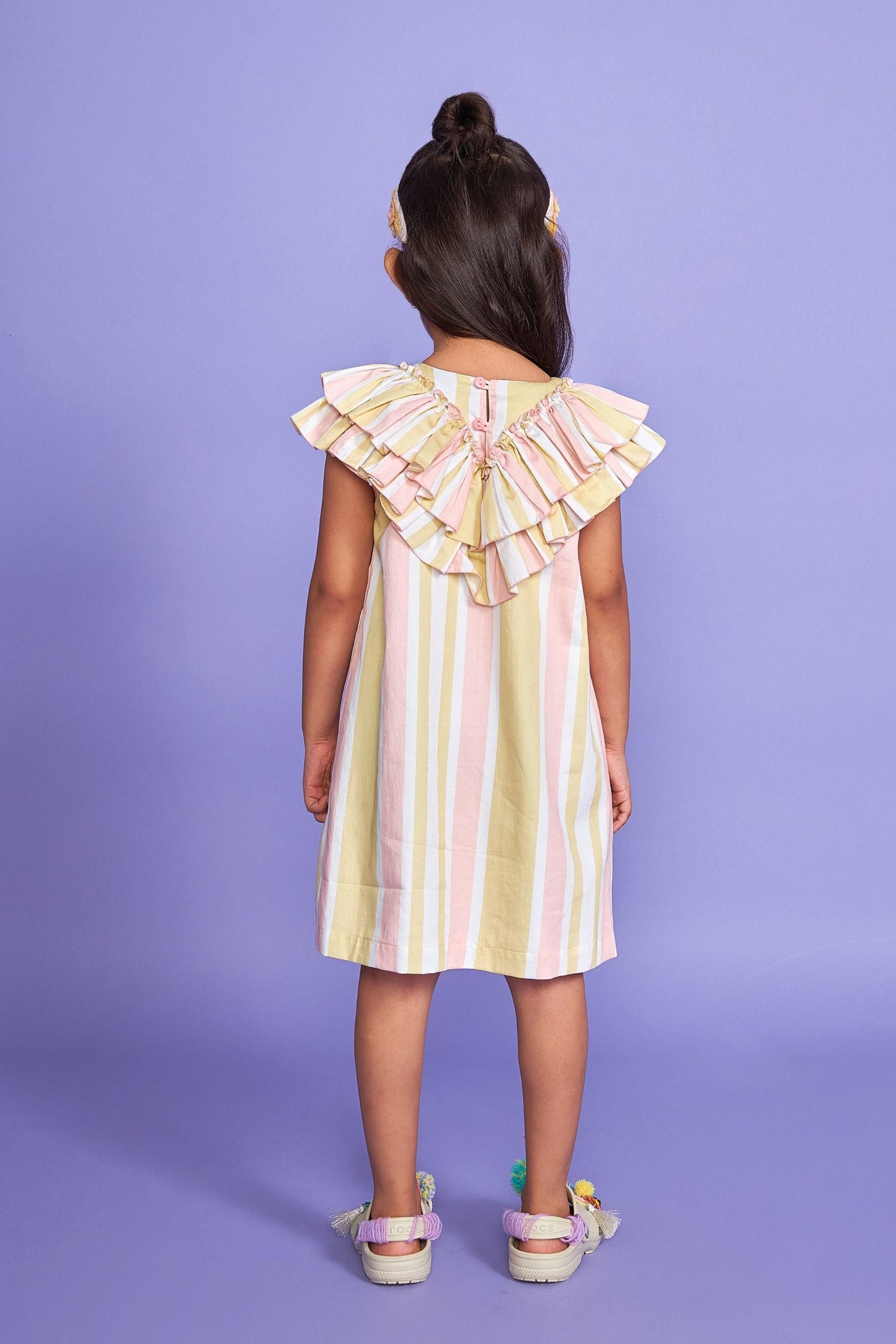 Daisy Stripe Kids Hand Embroidered Cotton Ruffle Dress- Joey & Pooh