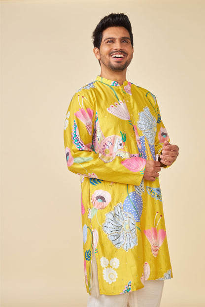YELLOW BLOOM EMBELLISHED MEN'S KURTA AND PANT SET OF 2