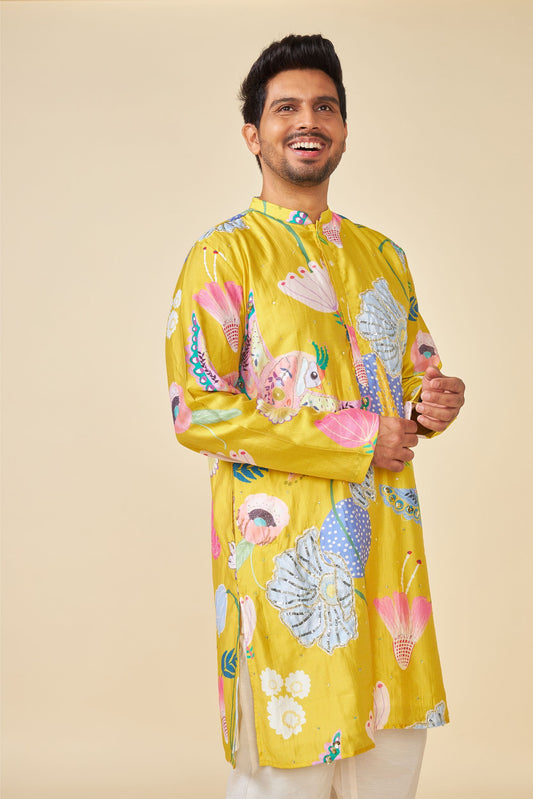YELLOW BLOOM EMBELLISHED MEN'S KURTA AND PANT SET OF 2
