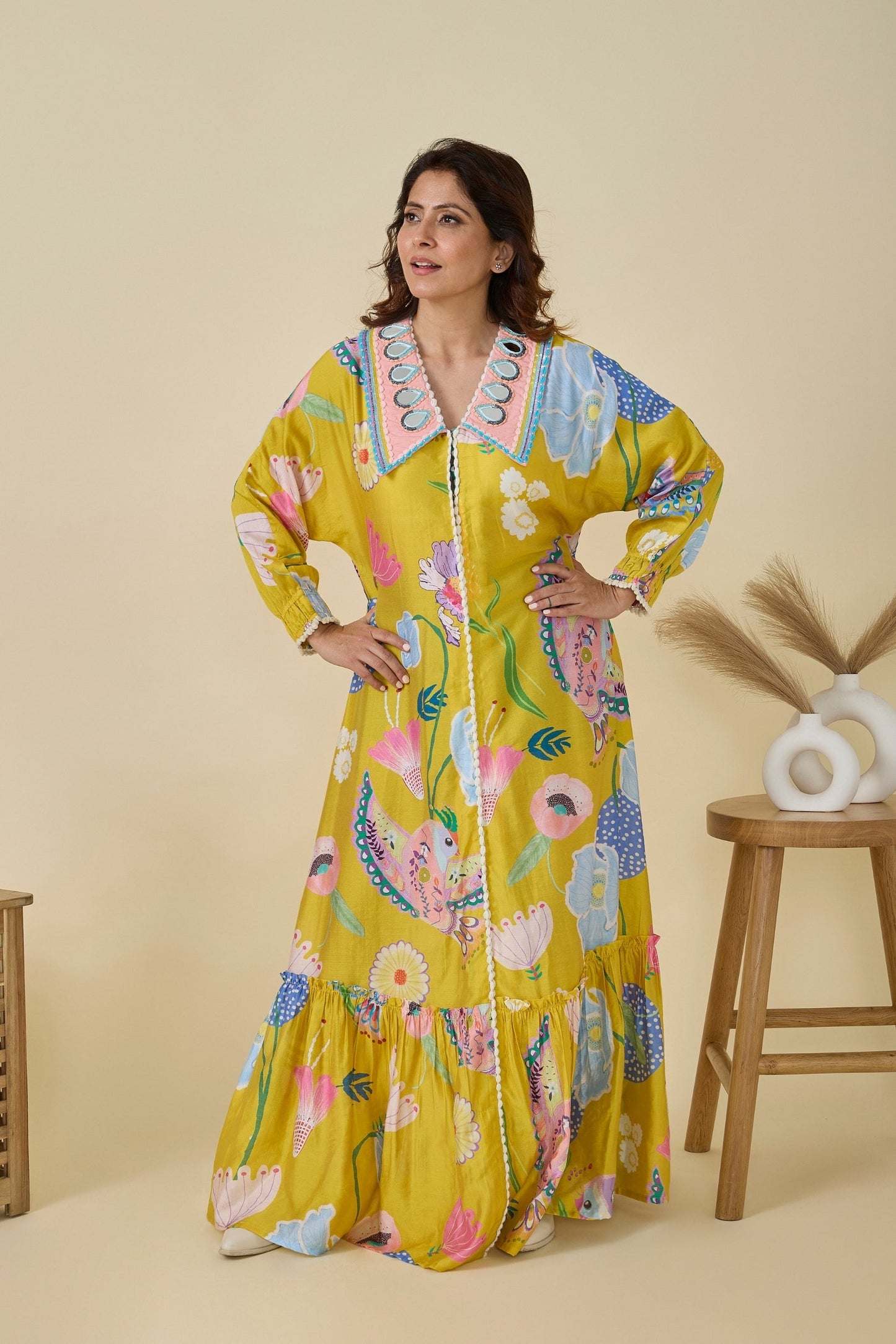 Yellow Bloom Embellished Ladies Long Dress