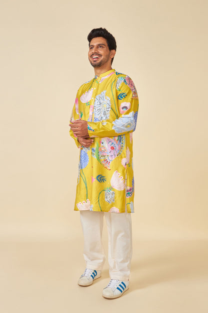 YELLOW BLOOM EMBELLISHED MEN'S KURTA AND PANT SET OF 2