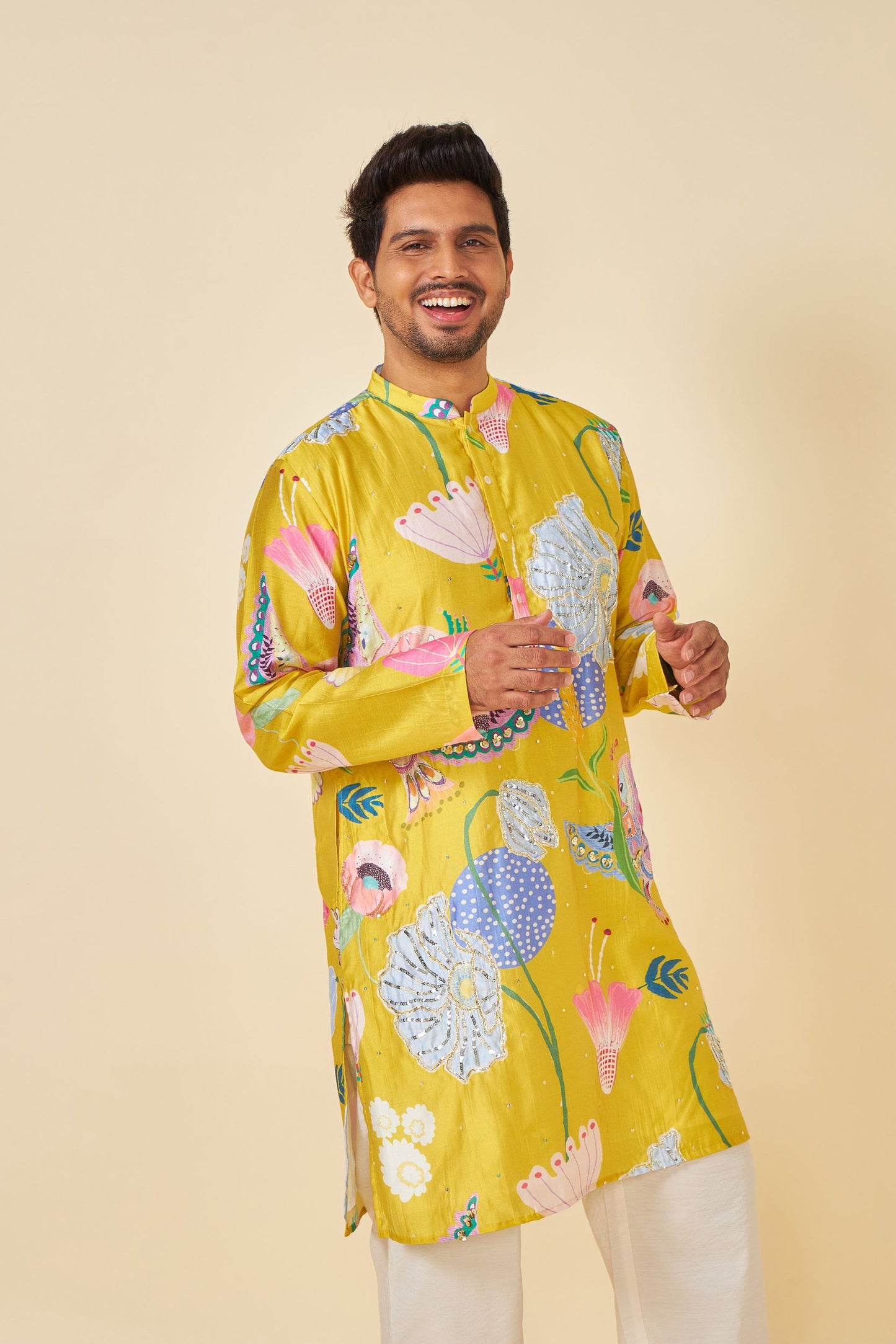 YELLOW BLOOM EMBELLISHED MEN'S KURTA AND PANT SET OF 2