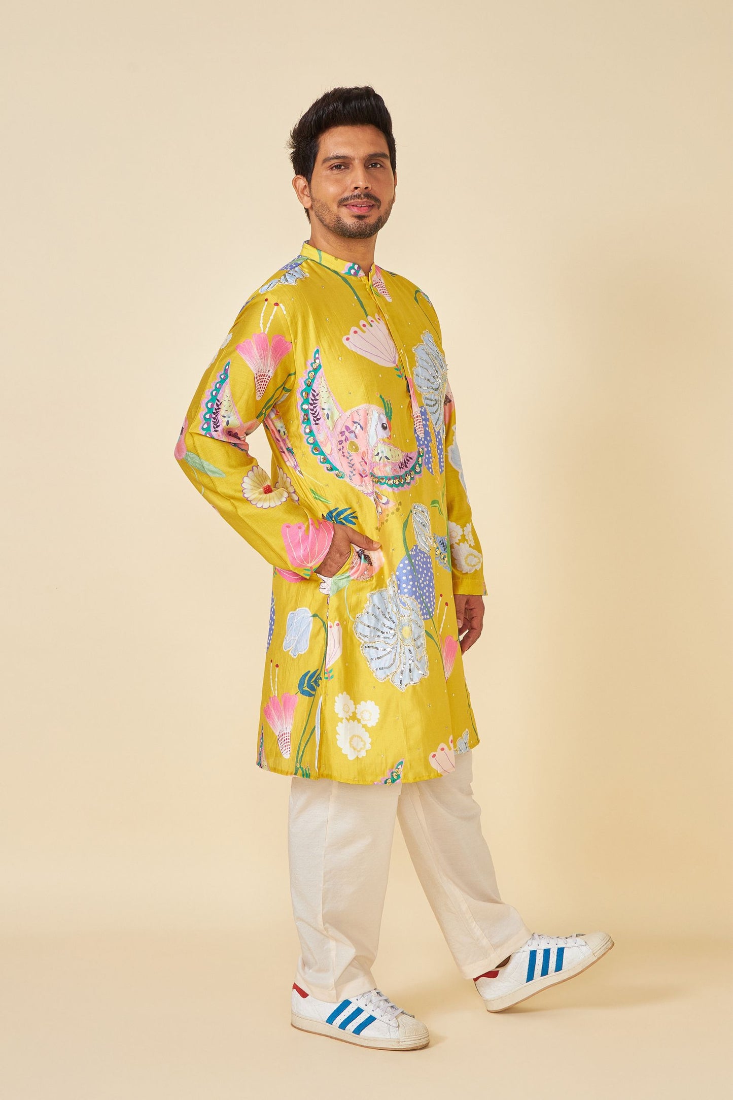 YELLOW BLOOM EMBELLISHED MEN'S KURTA AND PANT SET OF 2