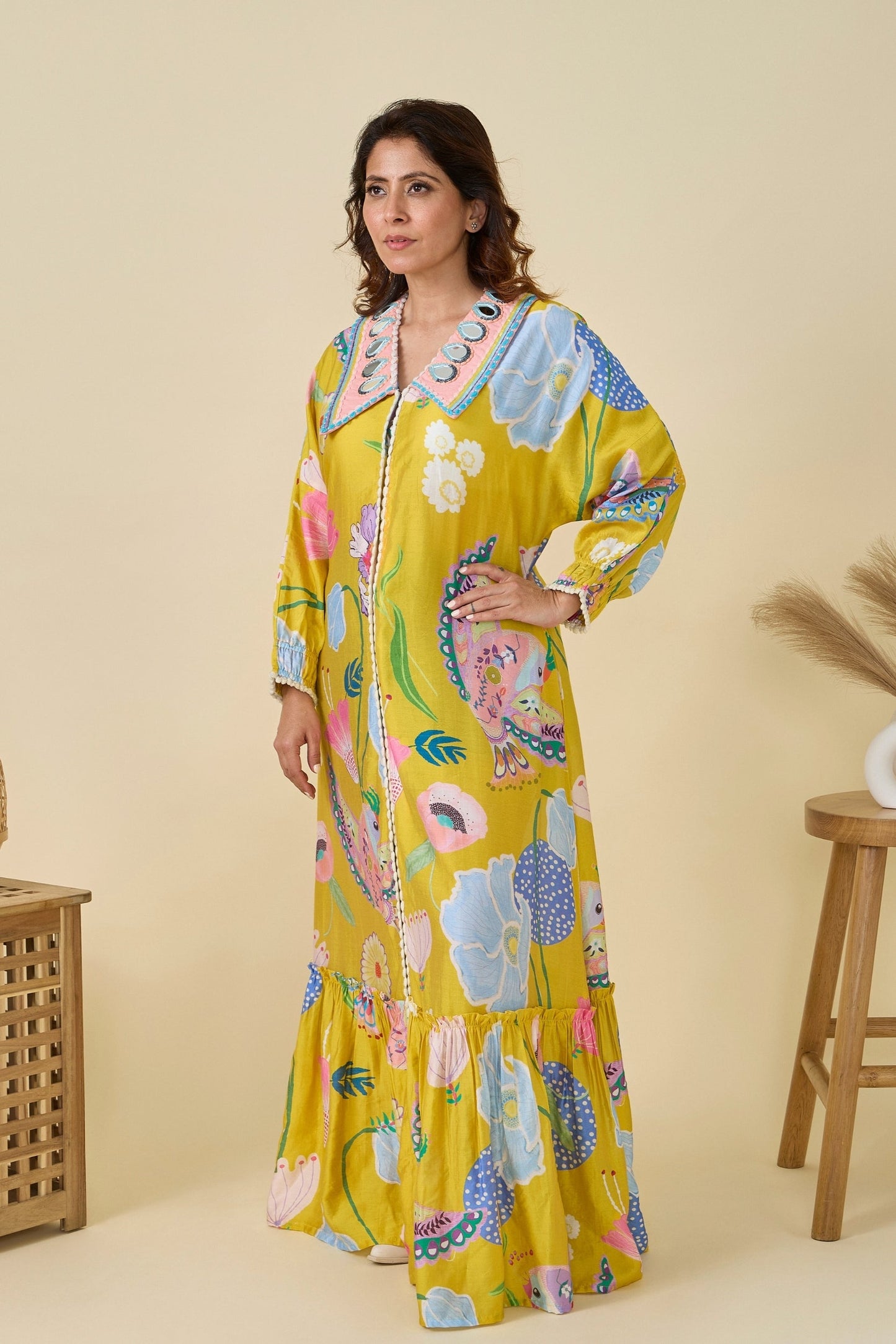 Yellow Bloom Embellished Ladies Long Dress