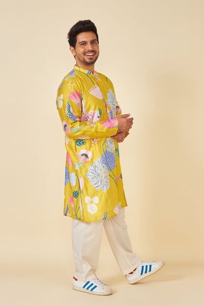 YELLOW BLOOM EMBELLISHED MEN'S KURTA AND PANT SET OF 2