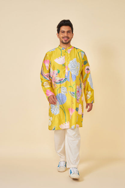YELLOW BLOOM EMBELLISHED MEN'S KURTA AND PANT SET OF 2