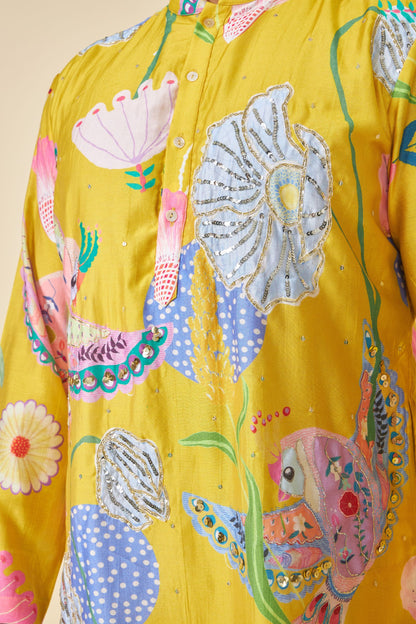 YELLOW BLOOM EMBELLISHED MEN'S KURTA AND PANT SET OF 2