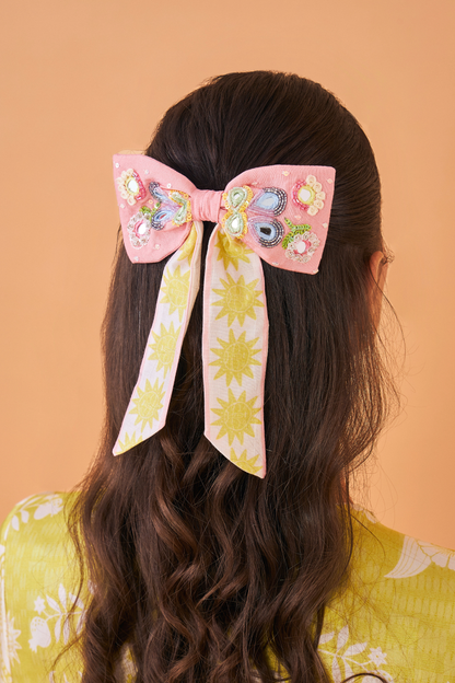 Thea Pink Embellished Bow Clip (on women)