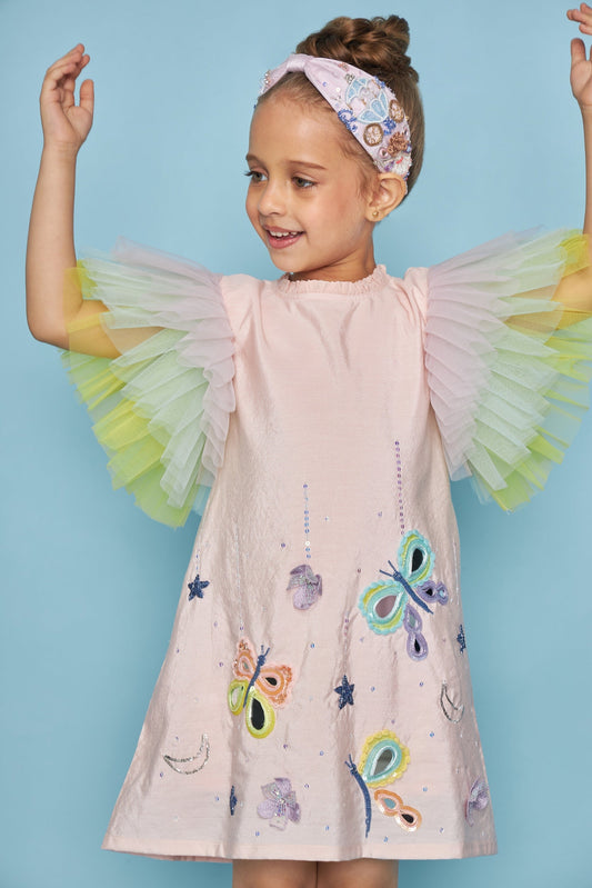 Butterfly Frill Sleeve Kids Embellished Dress Bloom