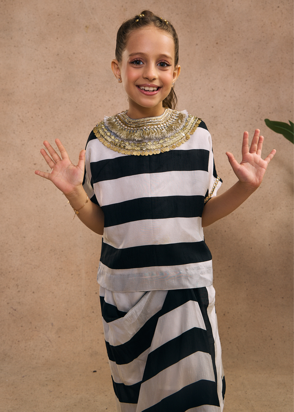 Zoey Stripe Girls Embellished Top & Drape Skirt with Detachable Drape (Set of 3 pcs)