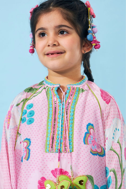 Raya Pink Girls Embellished Kaftan Top & Tulip Pant ( Set Of 2 pcs)