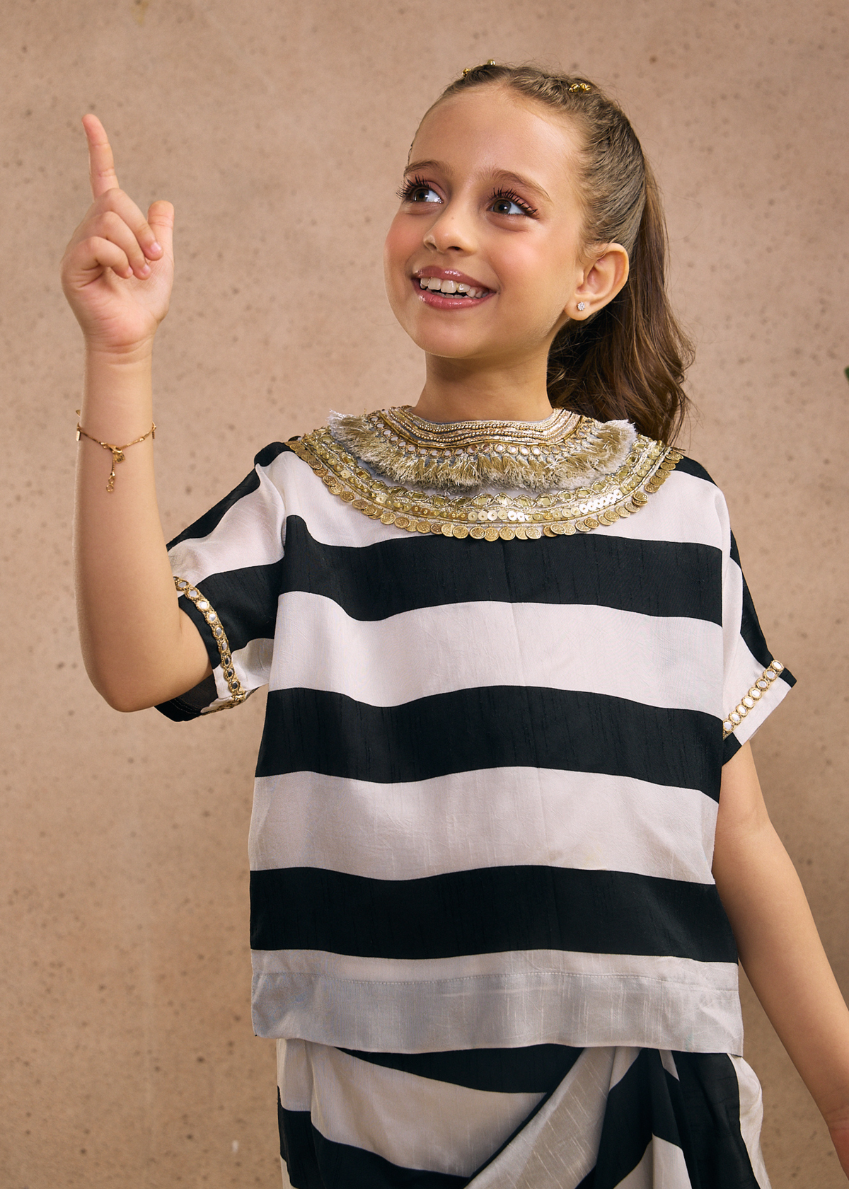 Zoey Stripe Girls Embellished Top & Drape Skirt with Detachable Drape (Set of 3 pcs)
