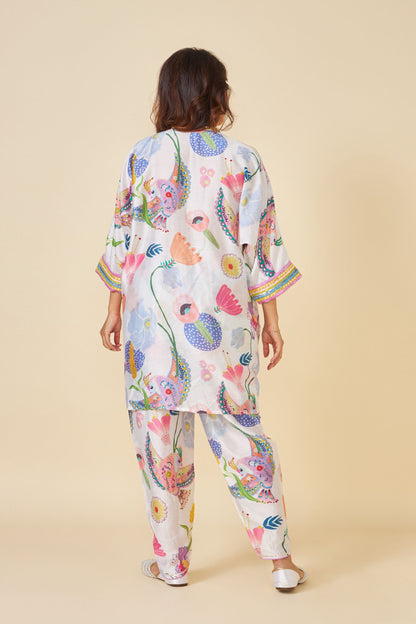 White Bloom Embellished Ladies Kaftan Top And Pant Set Of 2