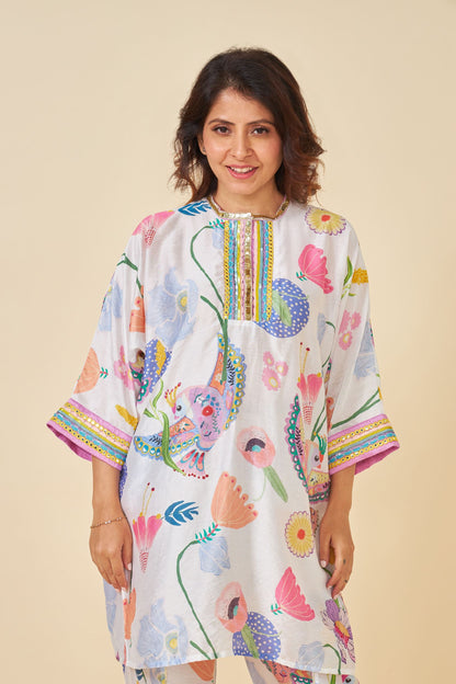 White Bloom Embellished Ladies Kaftan Top And Pant Set Of 2