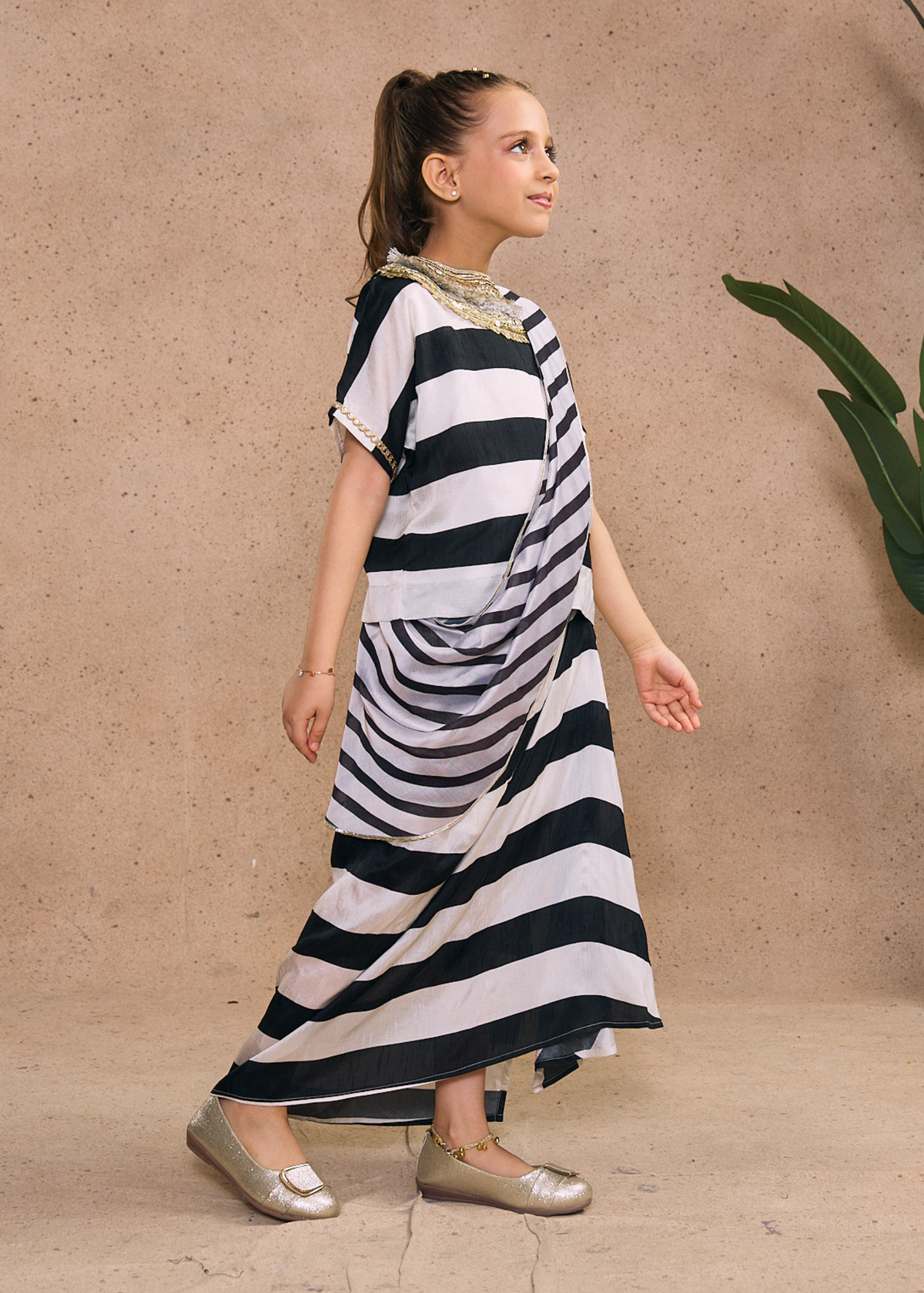 Zoey Stripe Girls Embellished Top & Drape Skirt with Detachable Drape (Set of 3 pcs)