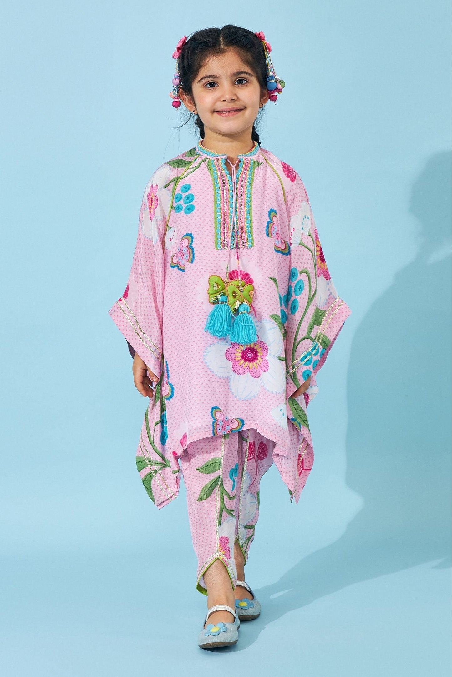 Raya Pink Girls Embellished Kaftan Top & Tulip Pant ( Set Of 2 pcs)