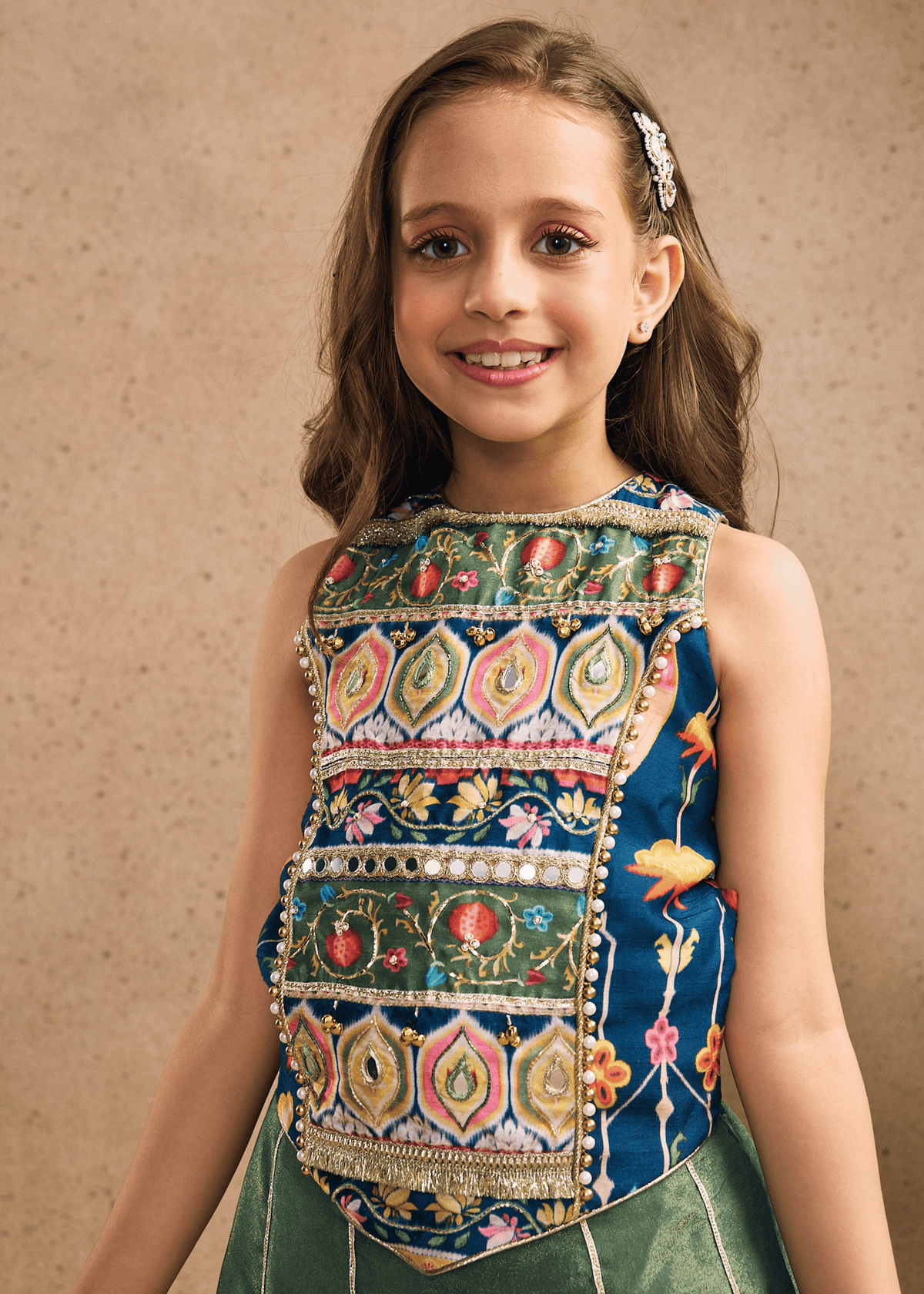 Melanie Stripe Girls Embellished Long Top, Flared Pants & Dupatta (Set of 3 pcs)