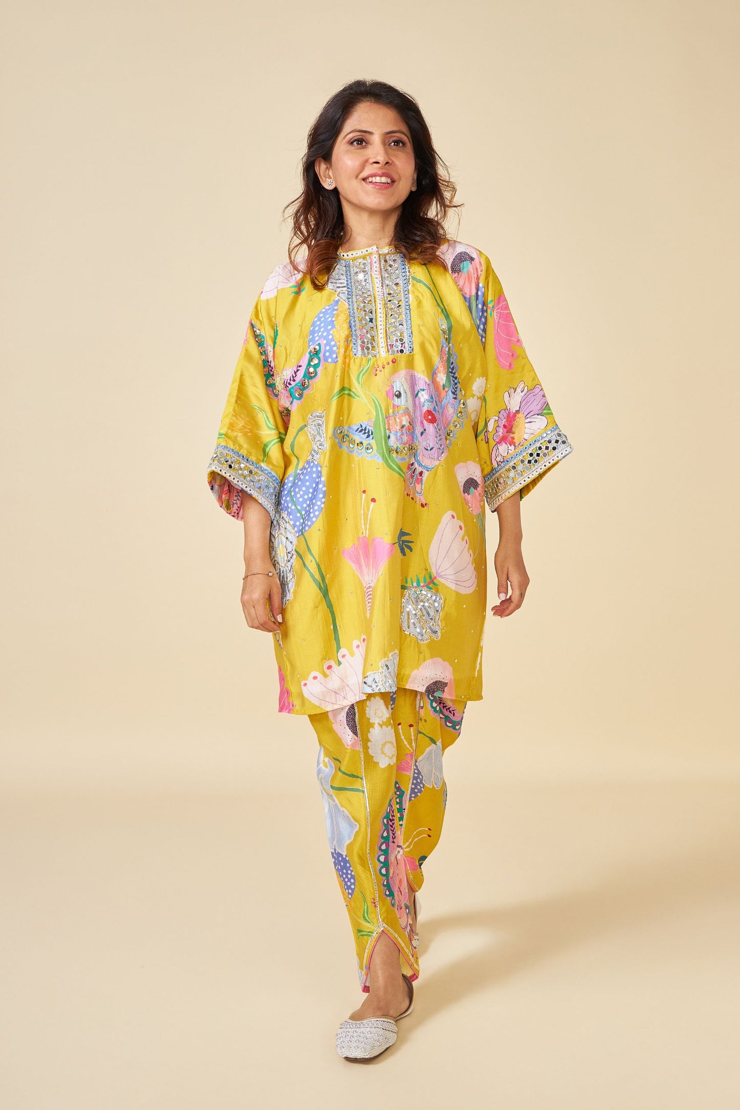 Yellow Bloom Embellished Ladies Kaftan Top And Pant  (Set Of 2)