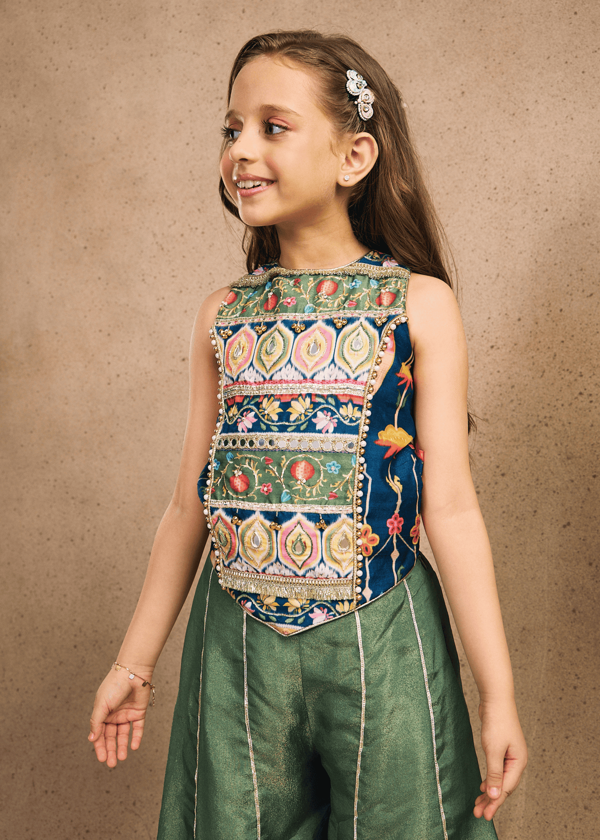 Melanie Stripe Girls Embellished Long Top, Flared Pants & Dupatta (Set of 3 pcs)