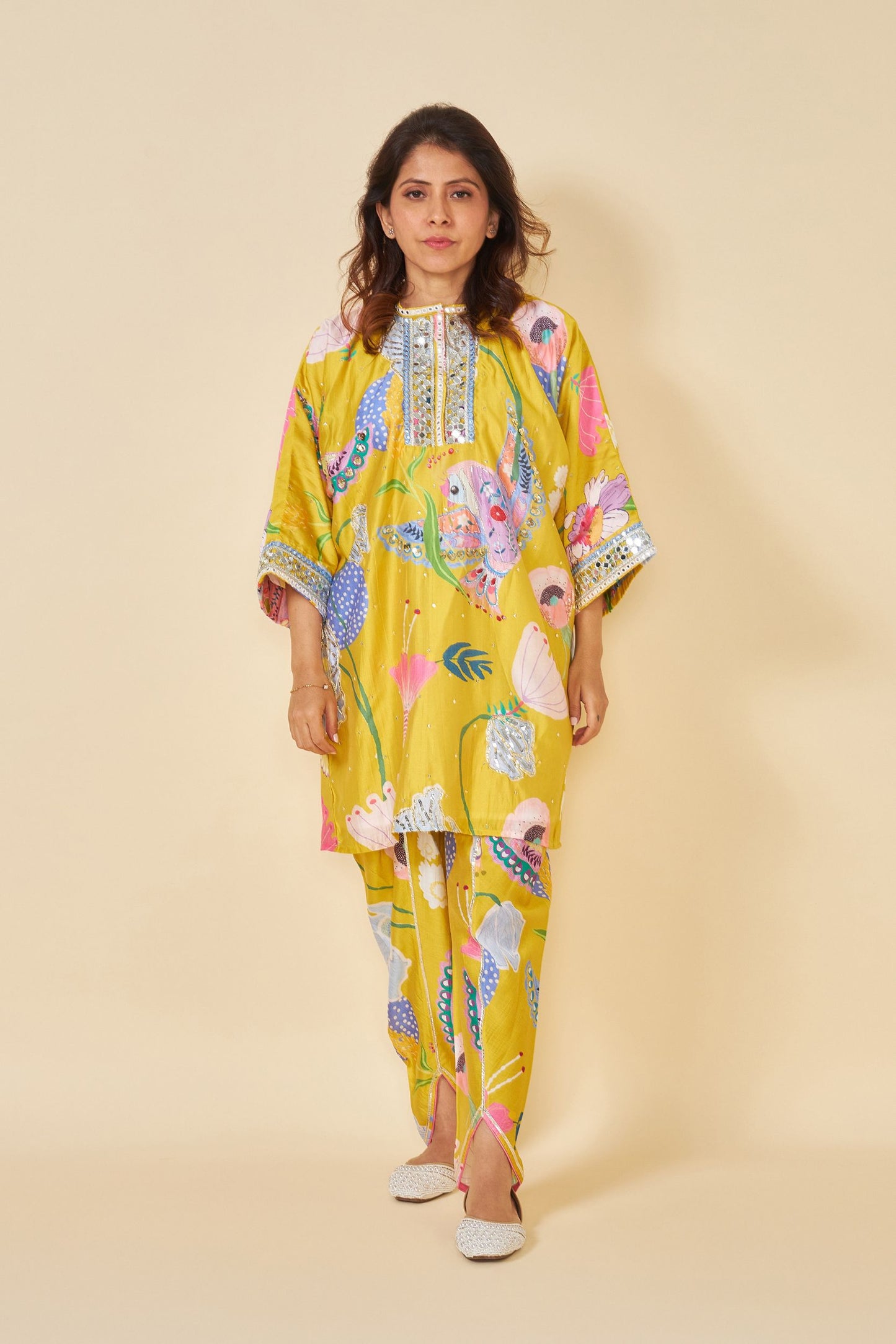 Yellow Bloom Embellished Ladies Kaftan Top And Pant  (Set Of 2)
